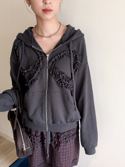 ribbon zipped hoodie(charcoal)