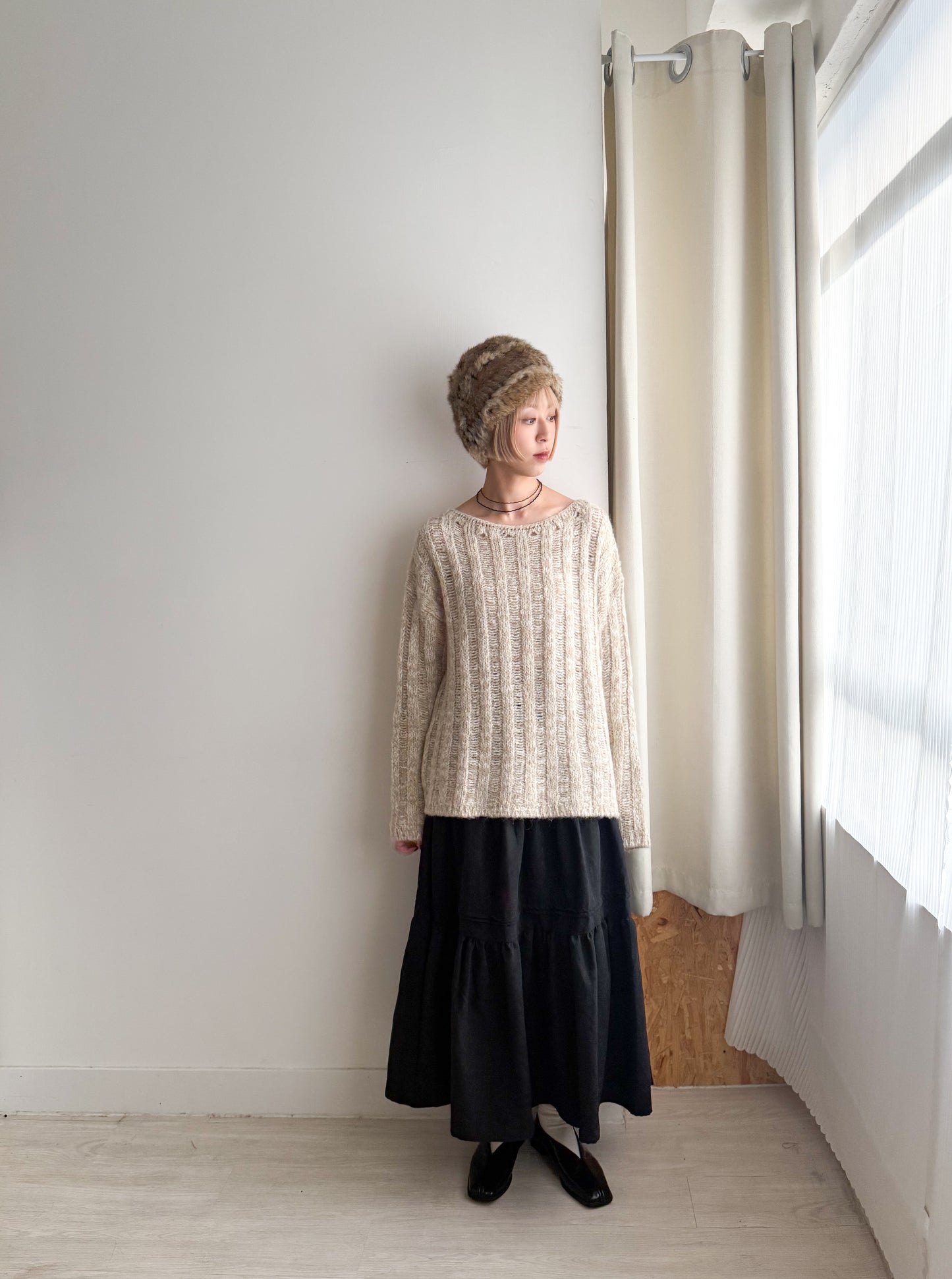 year end sale-wide neck knit top(charcoal/beige)