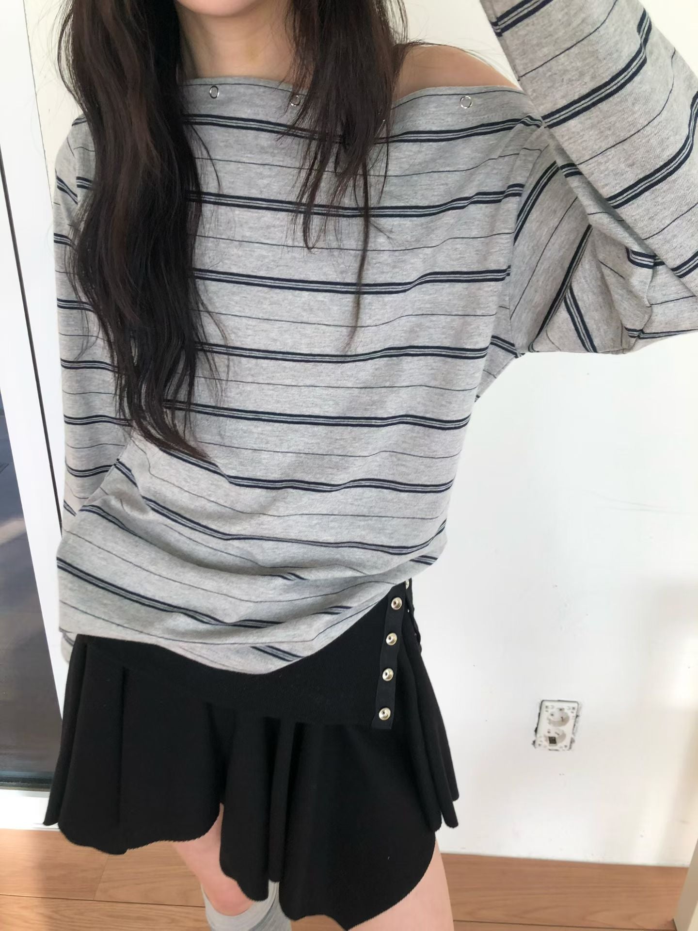 striped off shoulder top (brown/navy/grey)