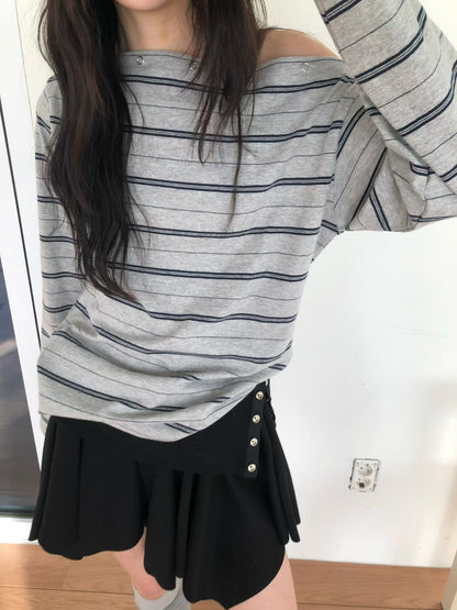 striped off shoulder top (brown/navy/grey)