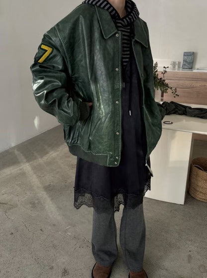 faux leather varsity jacket (olive/green/black)