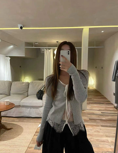 lace knit top(grey/ivory/black)