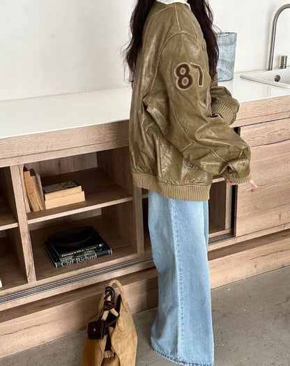 faux leather varsity jacket (olive/green/black)