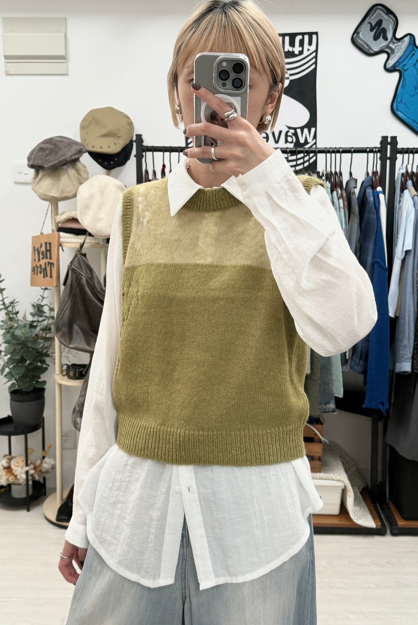 cozy knit vest（green/light grey）（現貨）