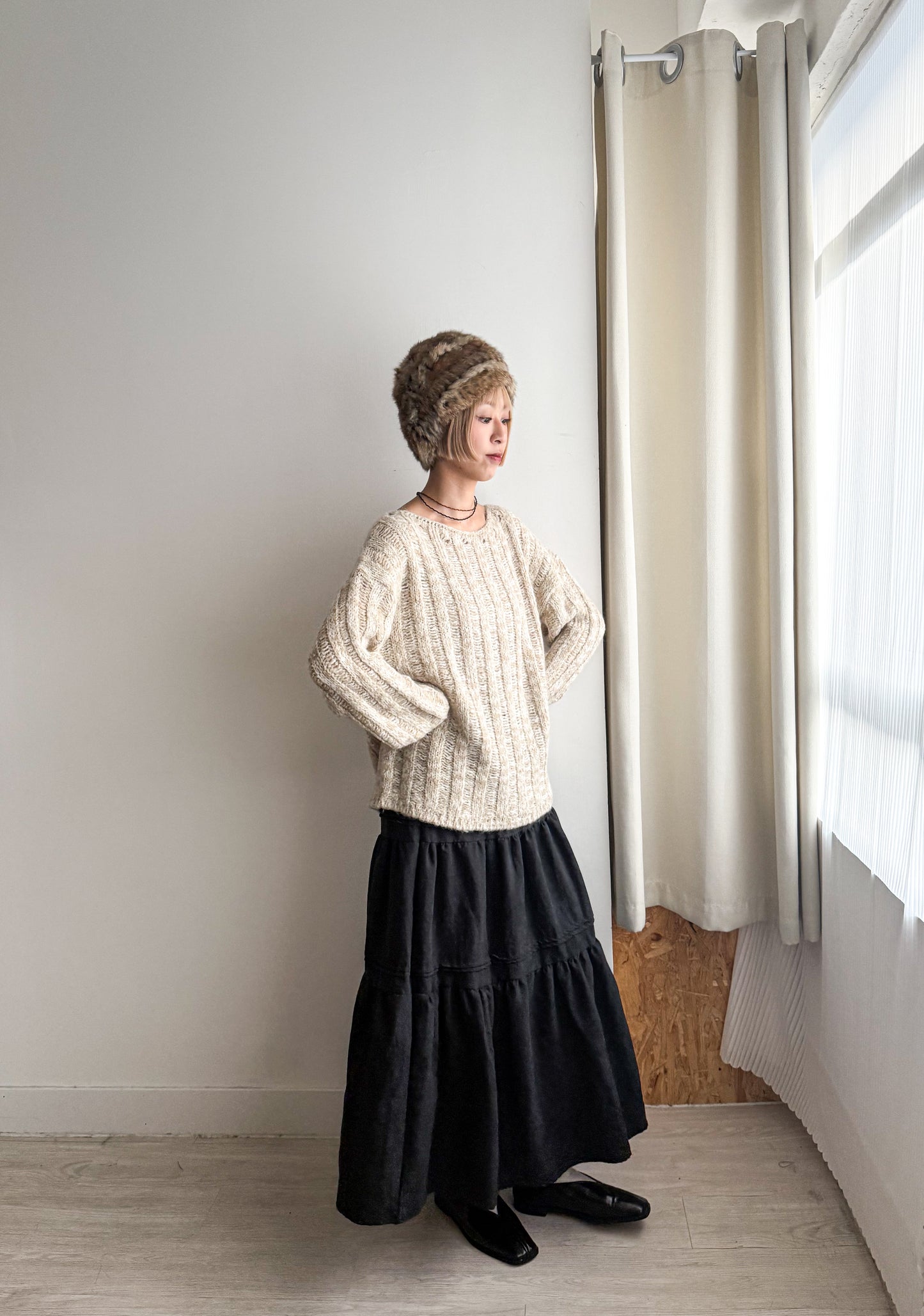 year end sale-wide neck knit top(charcoal/beige)