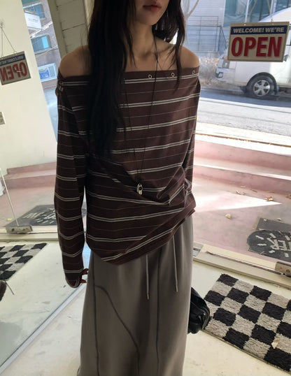 striped off shoulder top (brown/navy/grey)