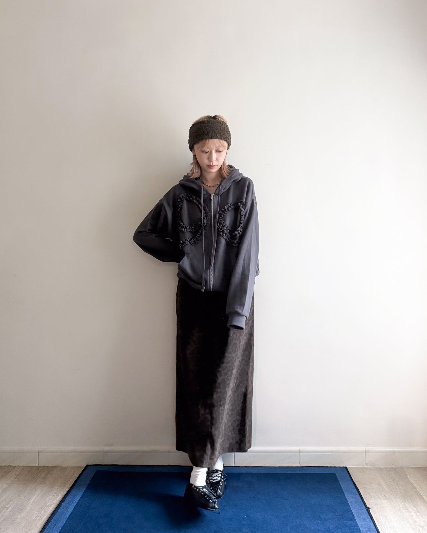 ribbon zipped hoodie(charcoal)