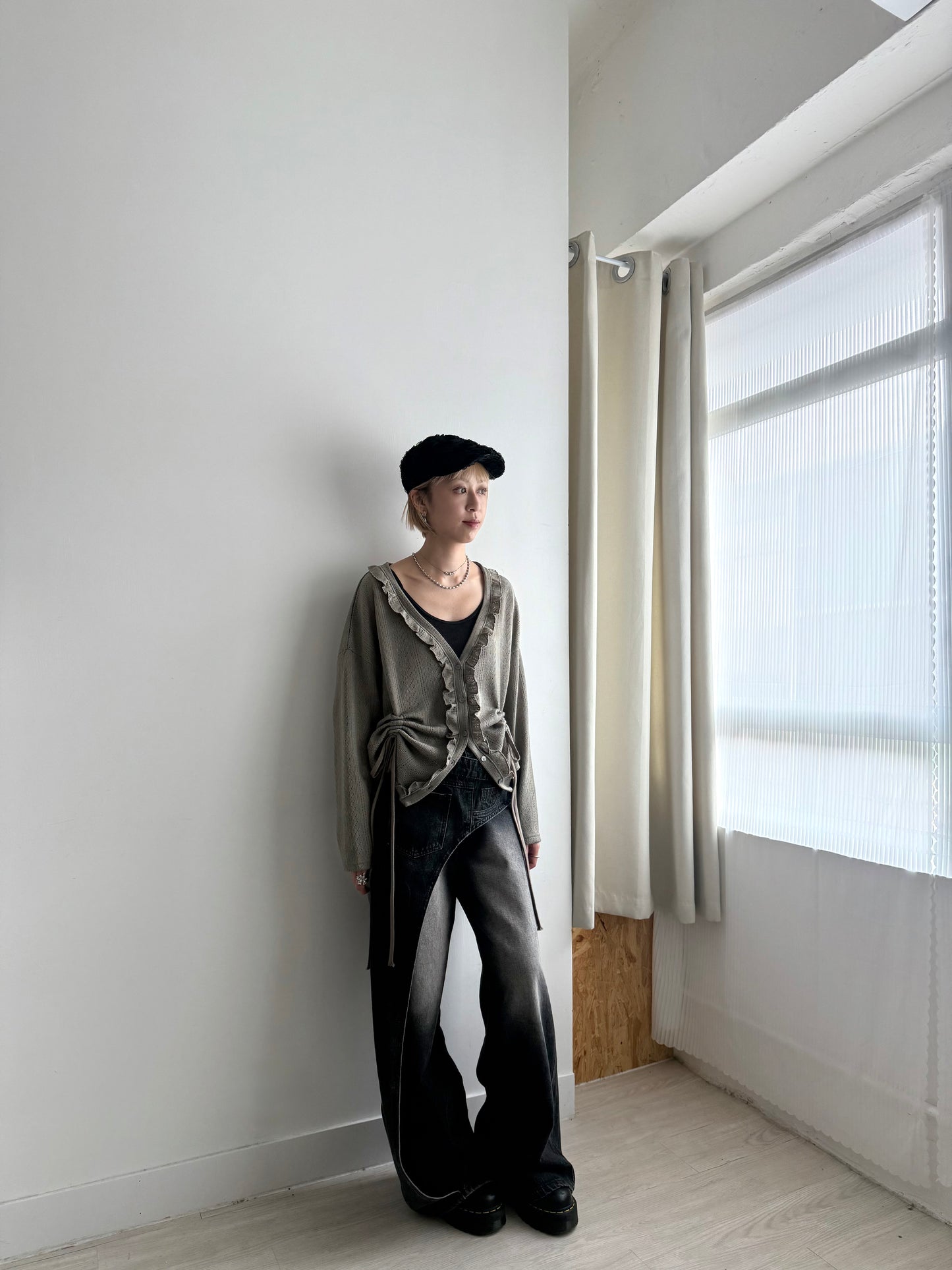 gathered mesh cardigan(beige/green) 現貨