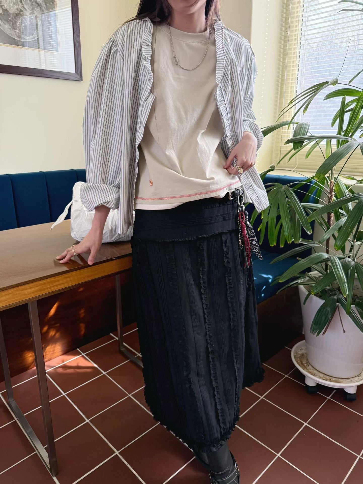 ruffle striped blouse (blue/pink/black)