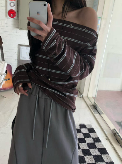 striped off shoulder top (brown/navy/grey)