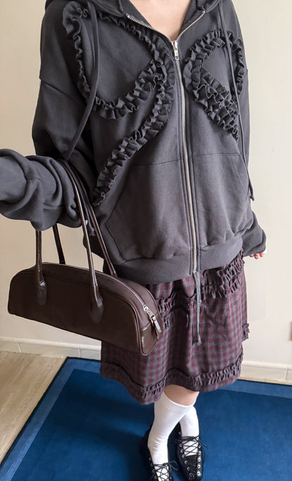 ribbon zipped hoodie(charcoal)