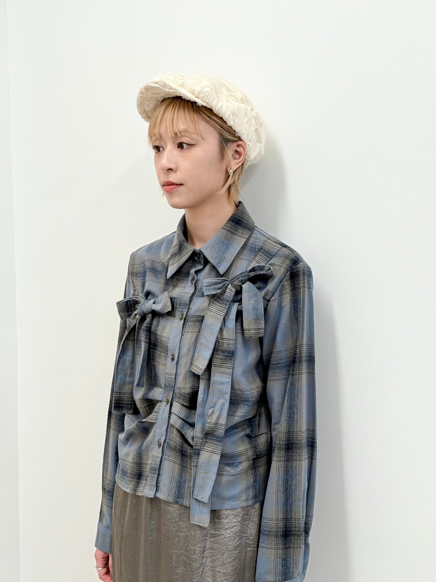 checker gathered shirt(purple/blue/grey)(現貨)