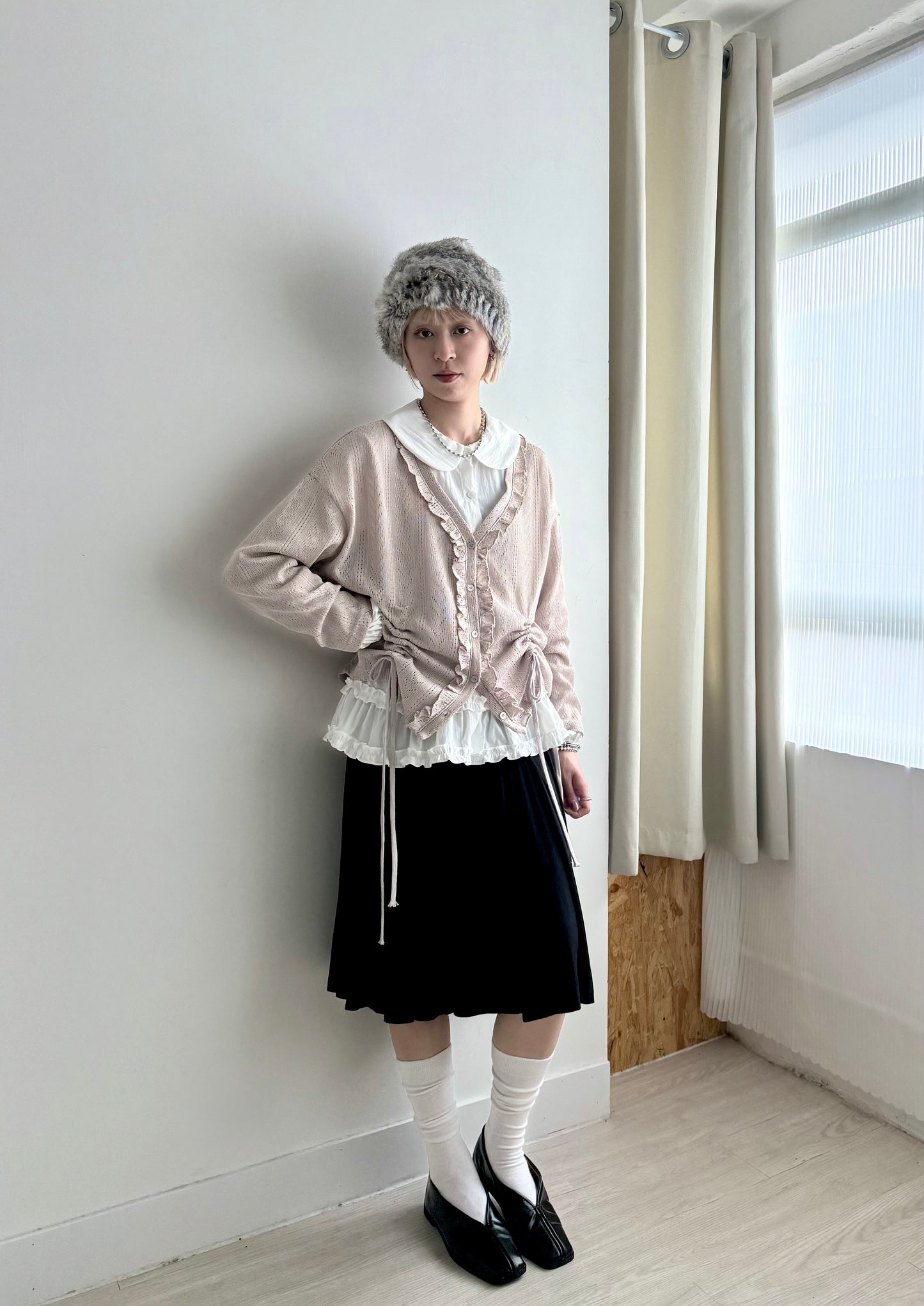 gathered mesh cardigan(beige/green) 現貨