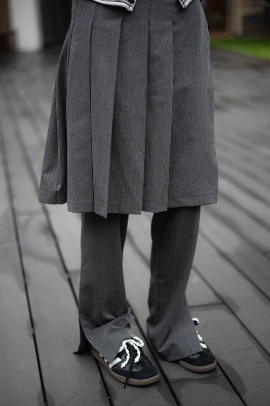 (sale)pleated skirt+pants set(grey/black)