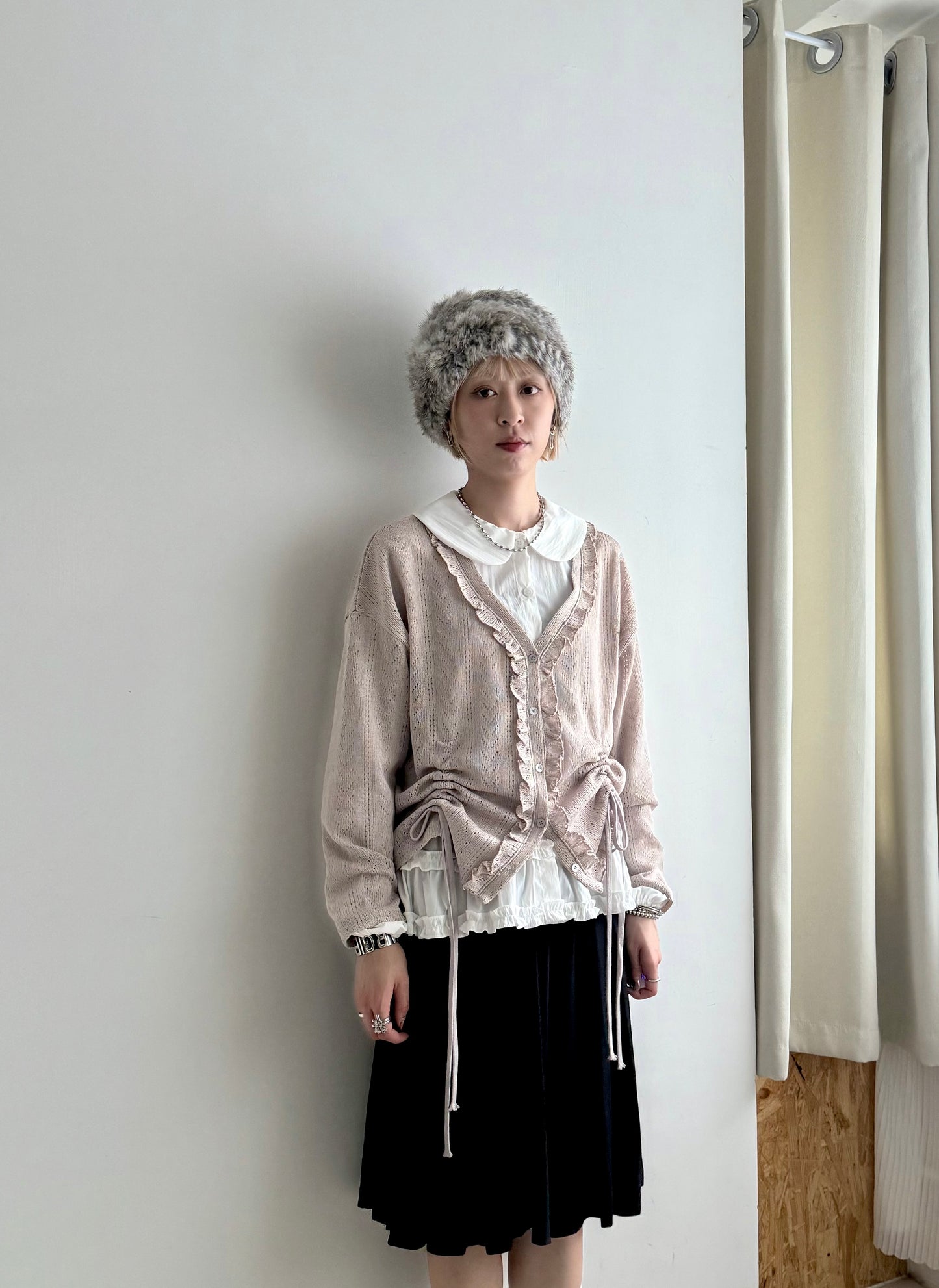gathered mesh cardigan(beige/green) 現貨