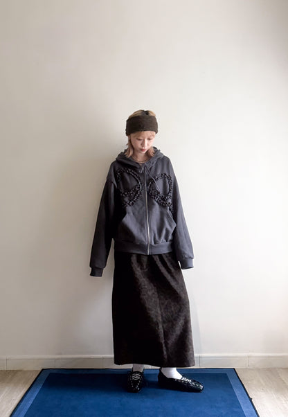 ribbon zipped hoodie(charcoal)