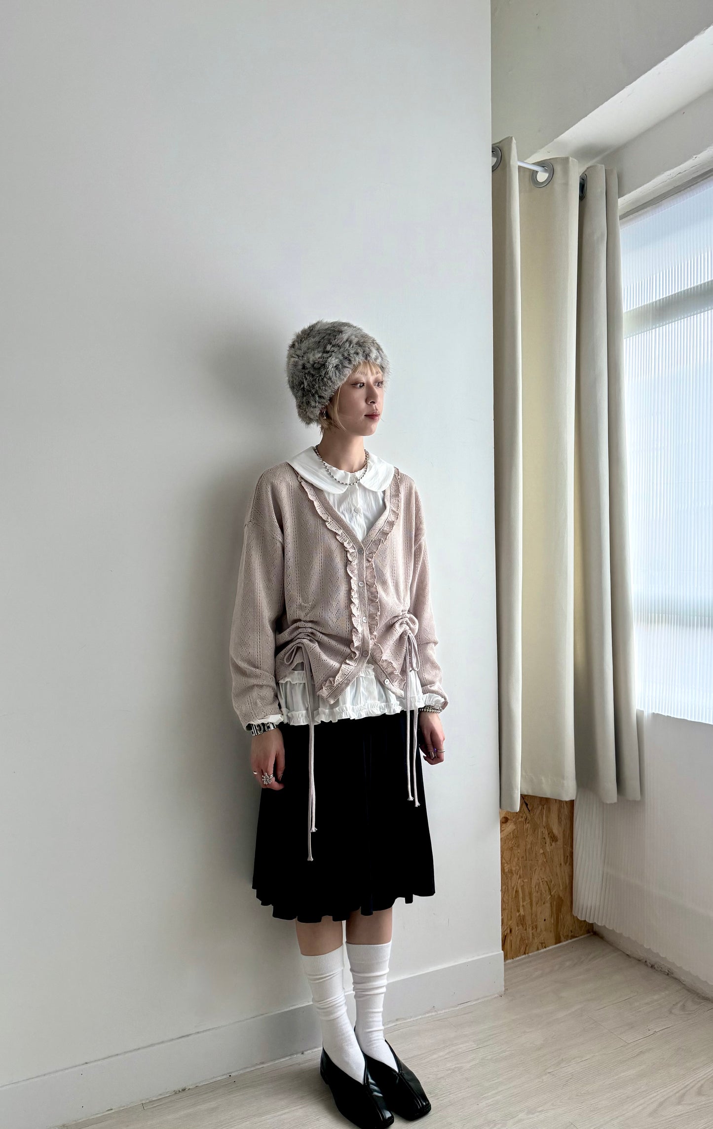 gathered mesh cardigan(beige/green) 現貨