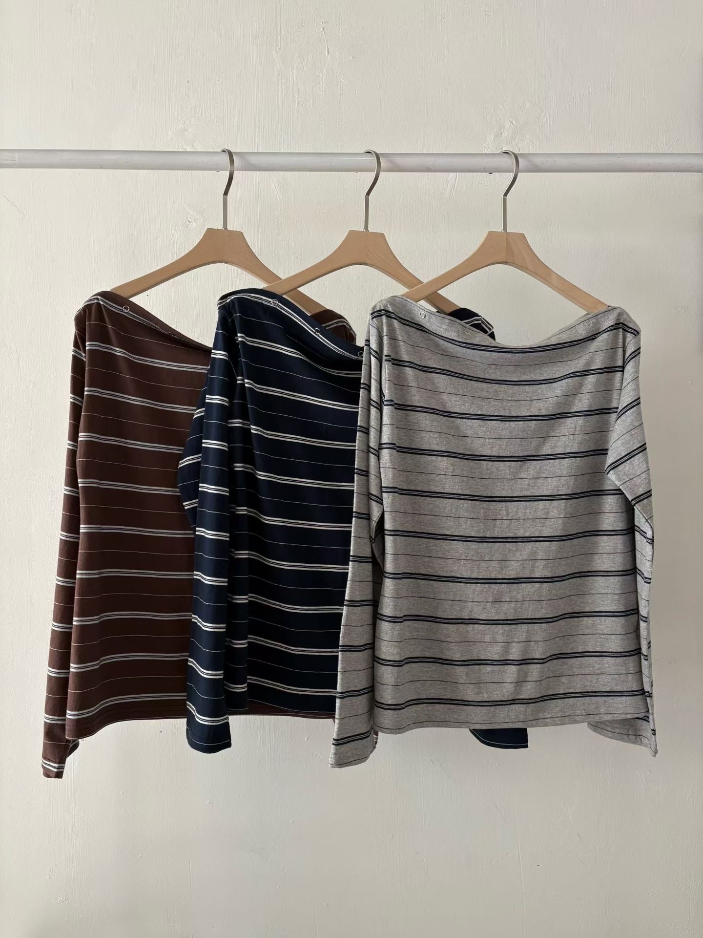 striped off shoulder top (brown/navy/grey)
