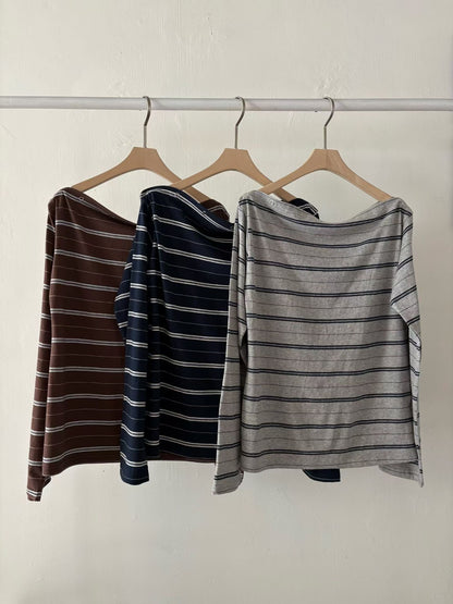 striped off shoulder top (brown/navy/grey)