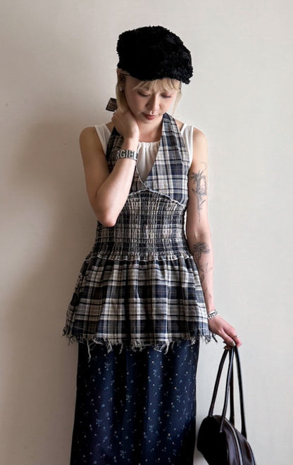 fringed checker vest(navy/red) 現貨