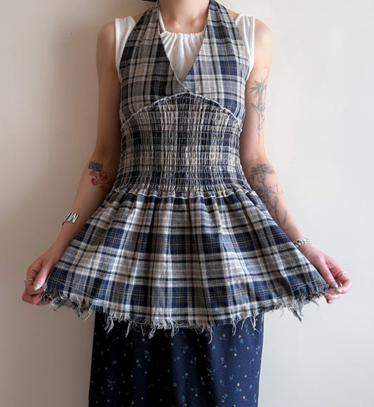 fringed checker vest(navy/red) 現貨