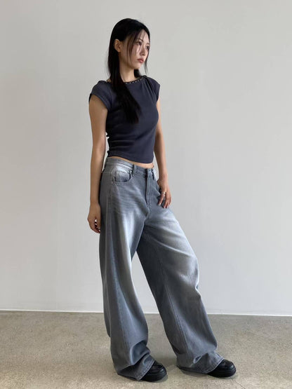 year end sale-barrel leg jeans (grey)(s）