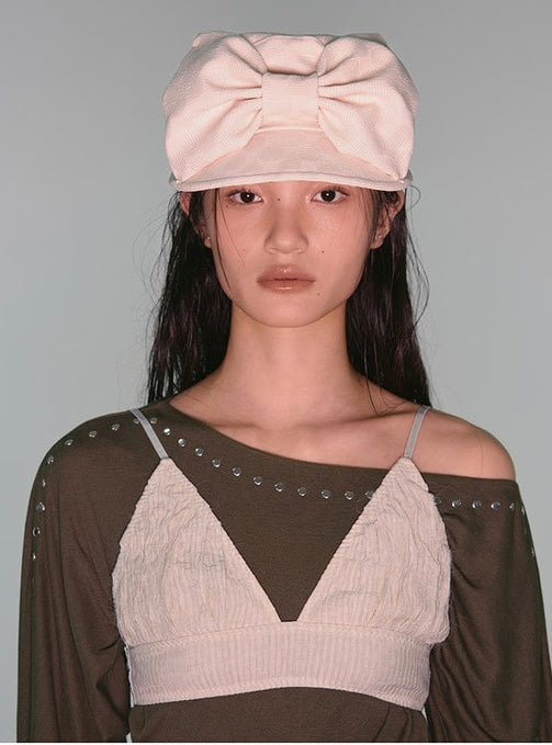 韓國代購：AWESOME NEEDS BELL BOY CAP RIBBON(DOT BLACK/DOT CREAM)
