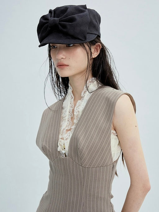 韓國代購：AWESOME NEEDS BELL BOY CAP RIBBON(DOT BLACK/DOT CREAM)