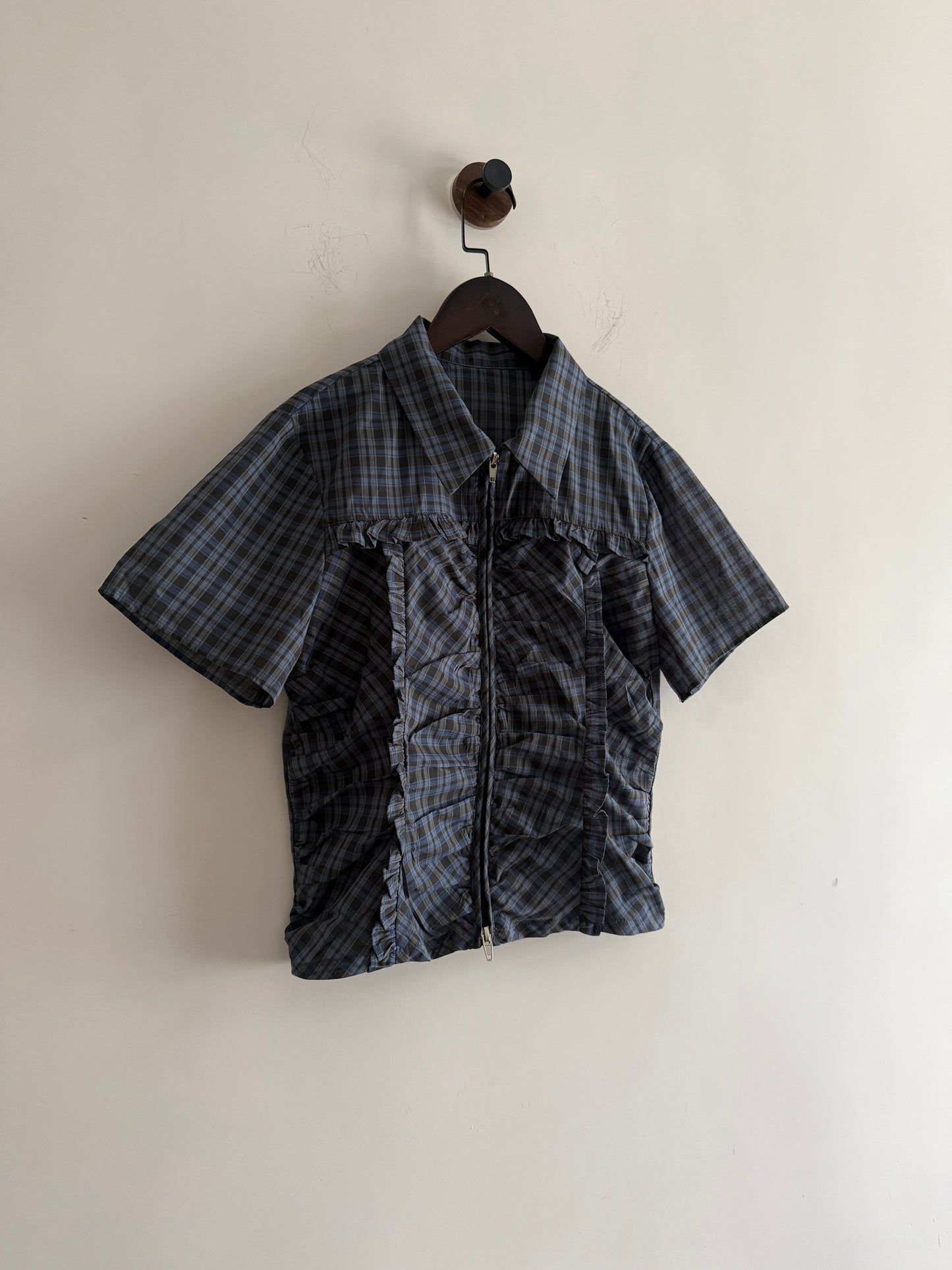checker zipped shirt(navy/grey)