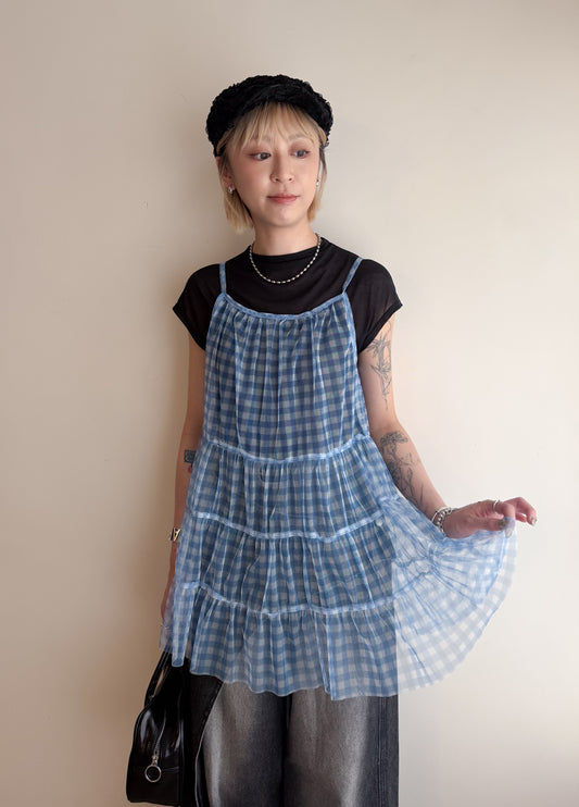 baby blue checker vest 現貨
