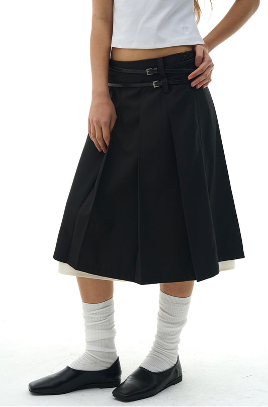 〈韓國代購〉Place Studio Two-belt low-rise detachable pleated double layered midi skirt (black/charcoal)