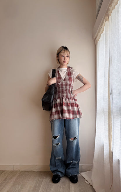 fringed checker vest(navy/red) 現貨