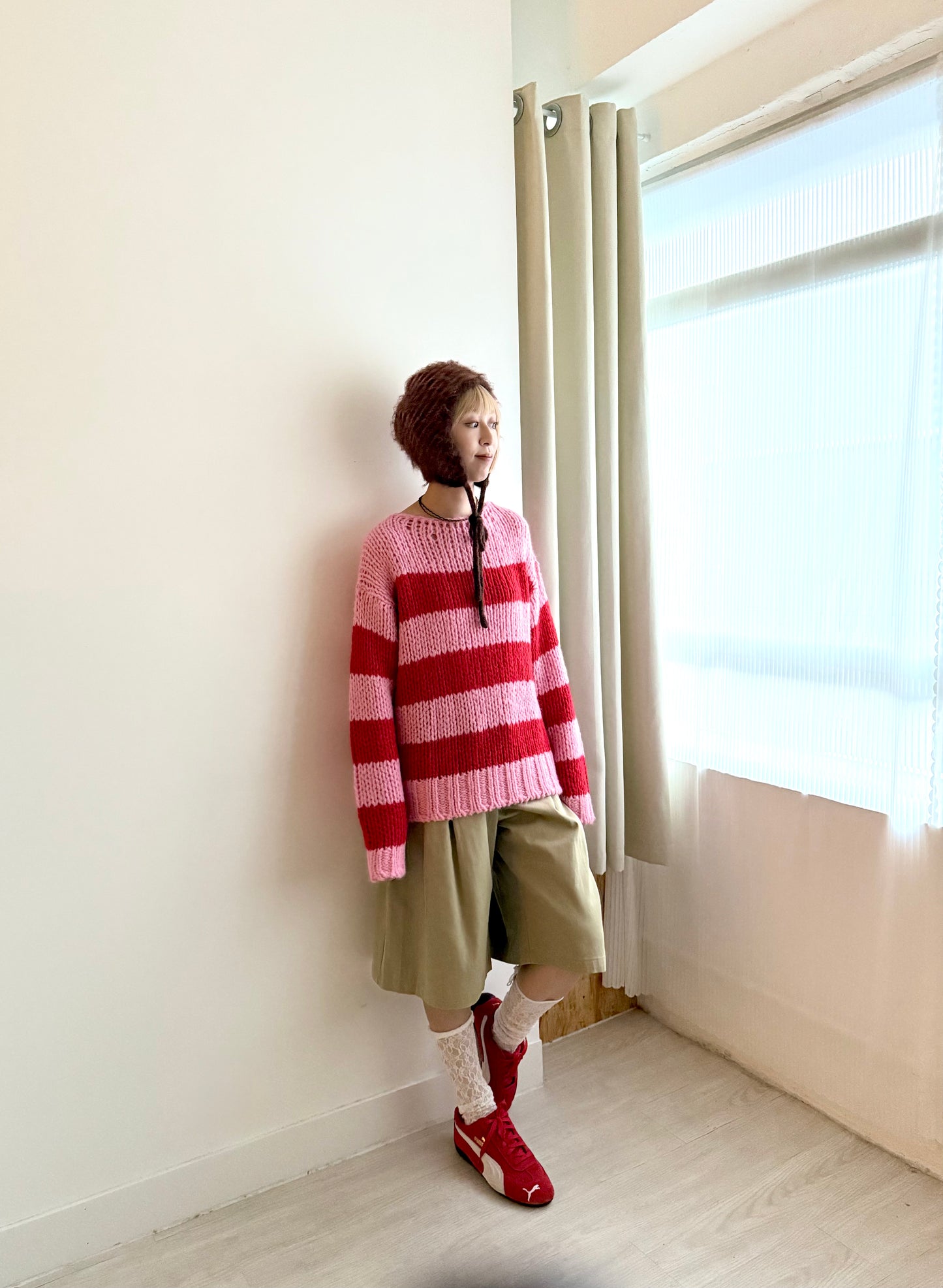 striped knit top(green/pink)現貨