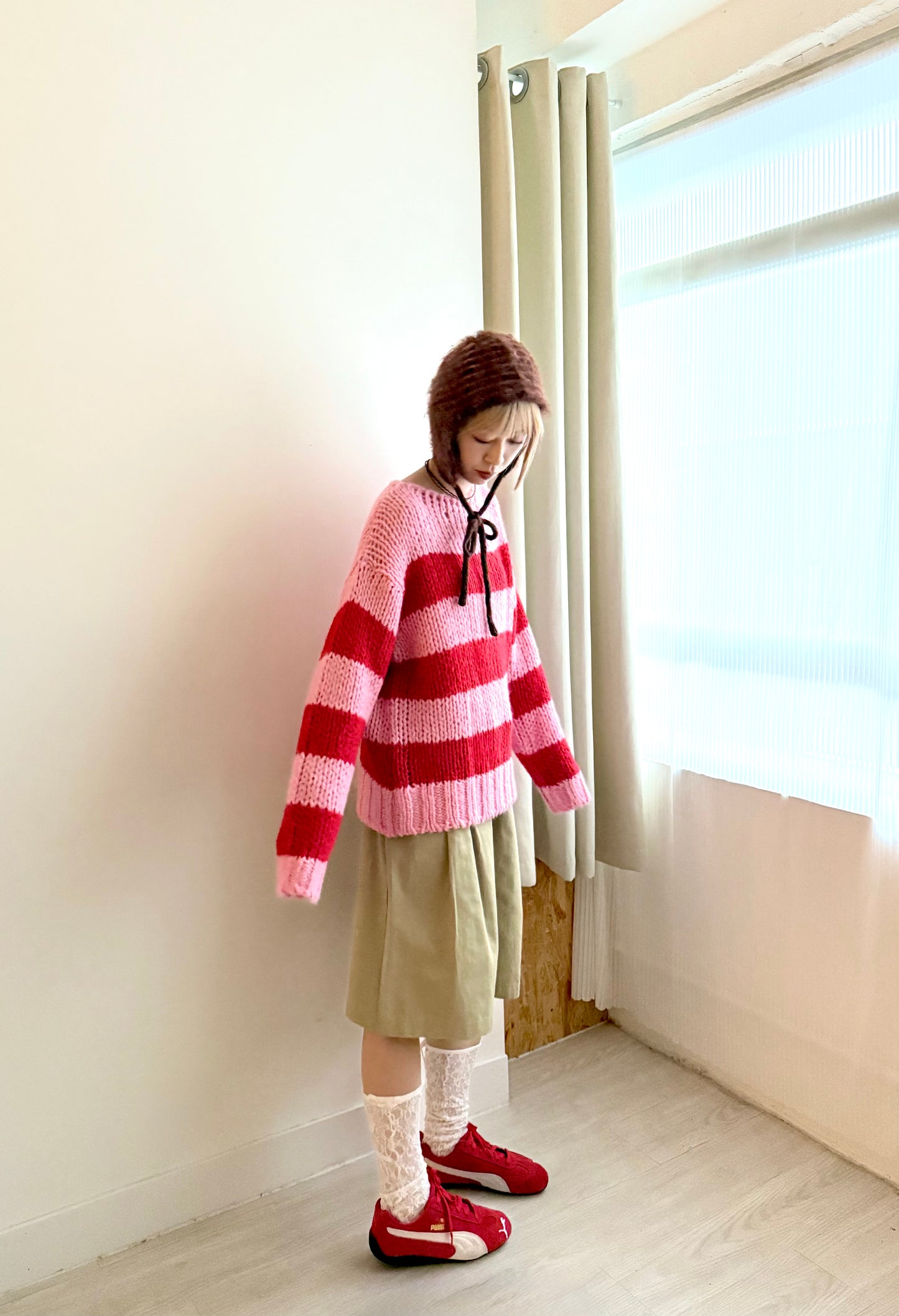 striped knit top(green/pink)現貨