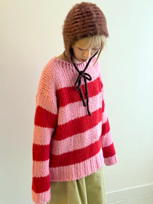 striped knit top(green/pink)現貨