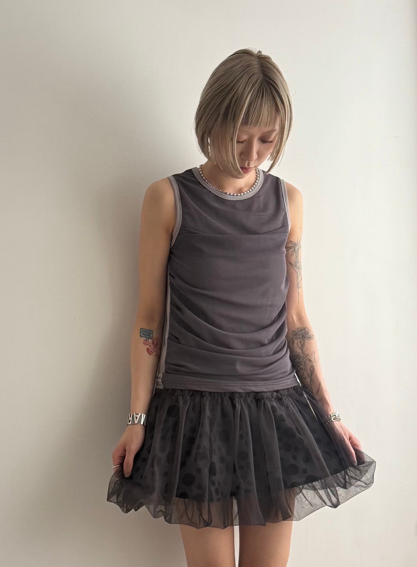 sheer mini skirt(black/grey dots) 灰色現貨