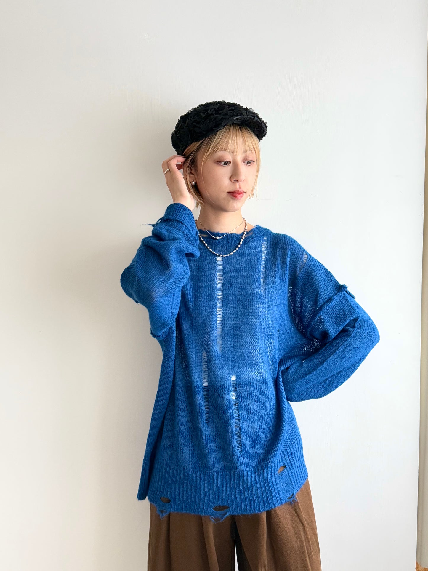 damaged knit top(blue/green)現貨