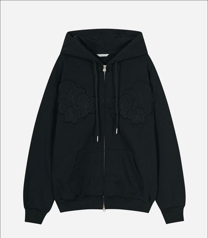 （韓國代購）typeservice flower applique zip hoodie(black)