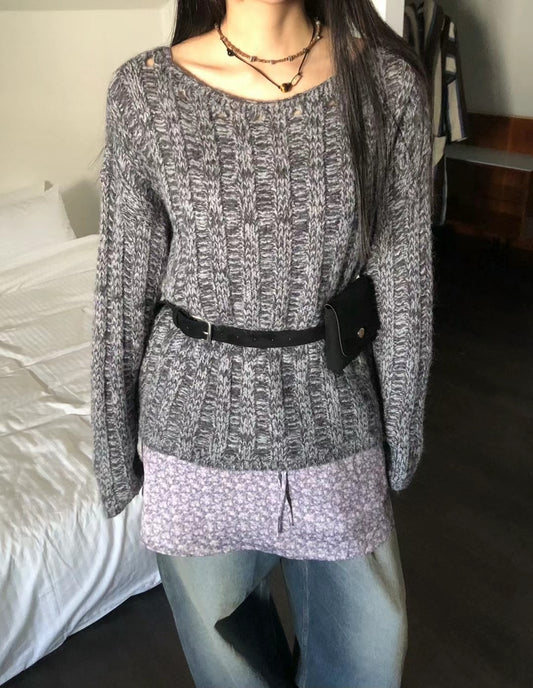 (*pre-order) wide neck knit top(charcoal/beige)