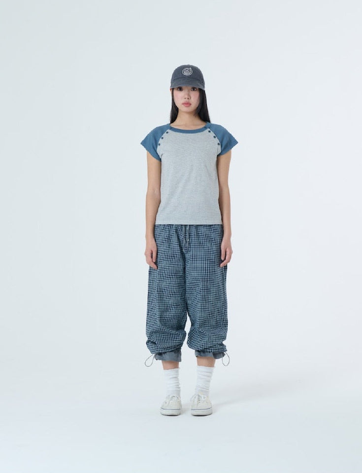 （韓國代購）AEAE stripe button raglan tee (grey/purple)