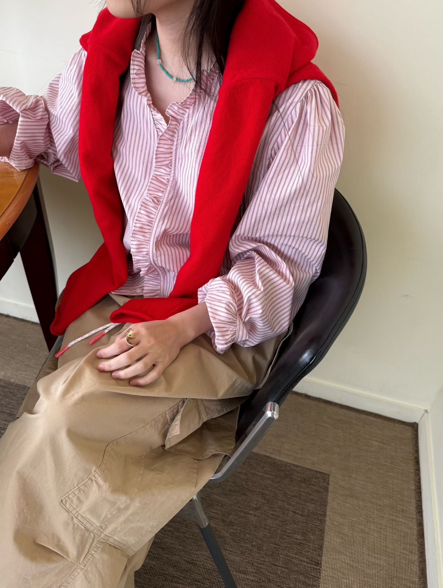 ruffle striped blouse (blue/pink/black)