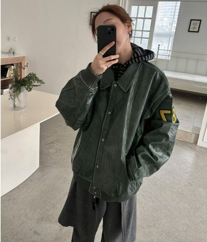 faux leather varsity jacket (olive/green/black)