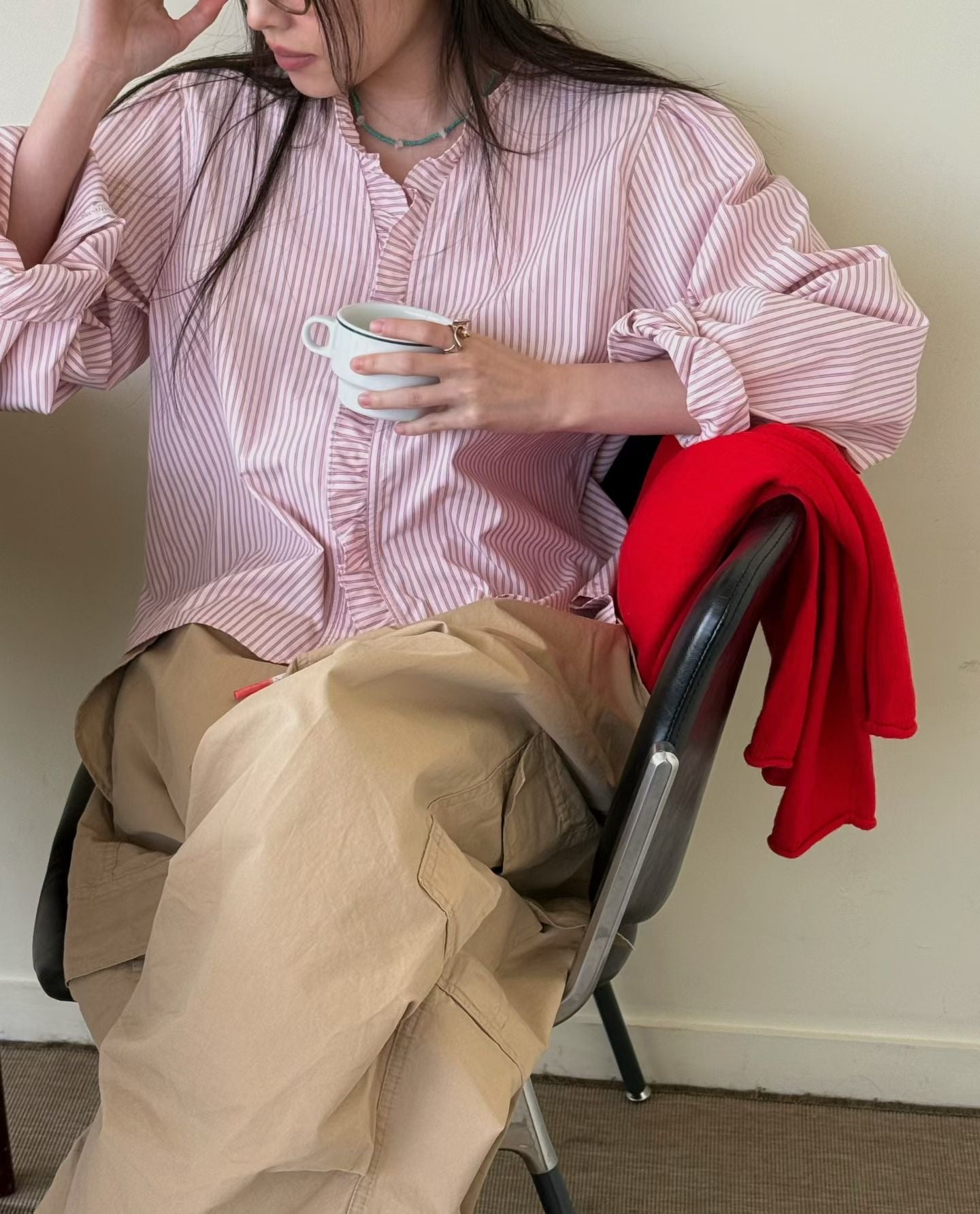 ruffle striped blouse (blue/pink/black)