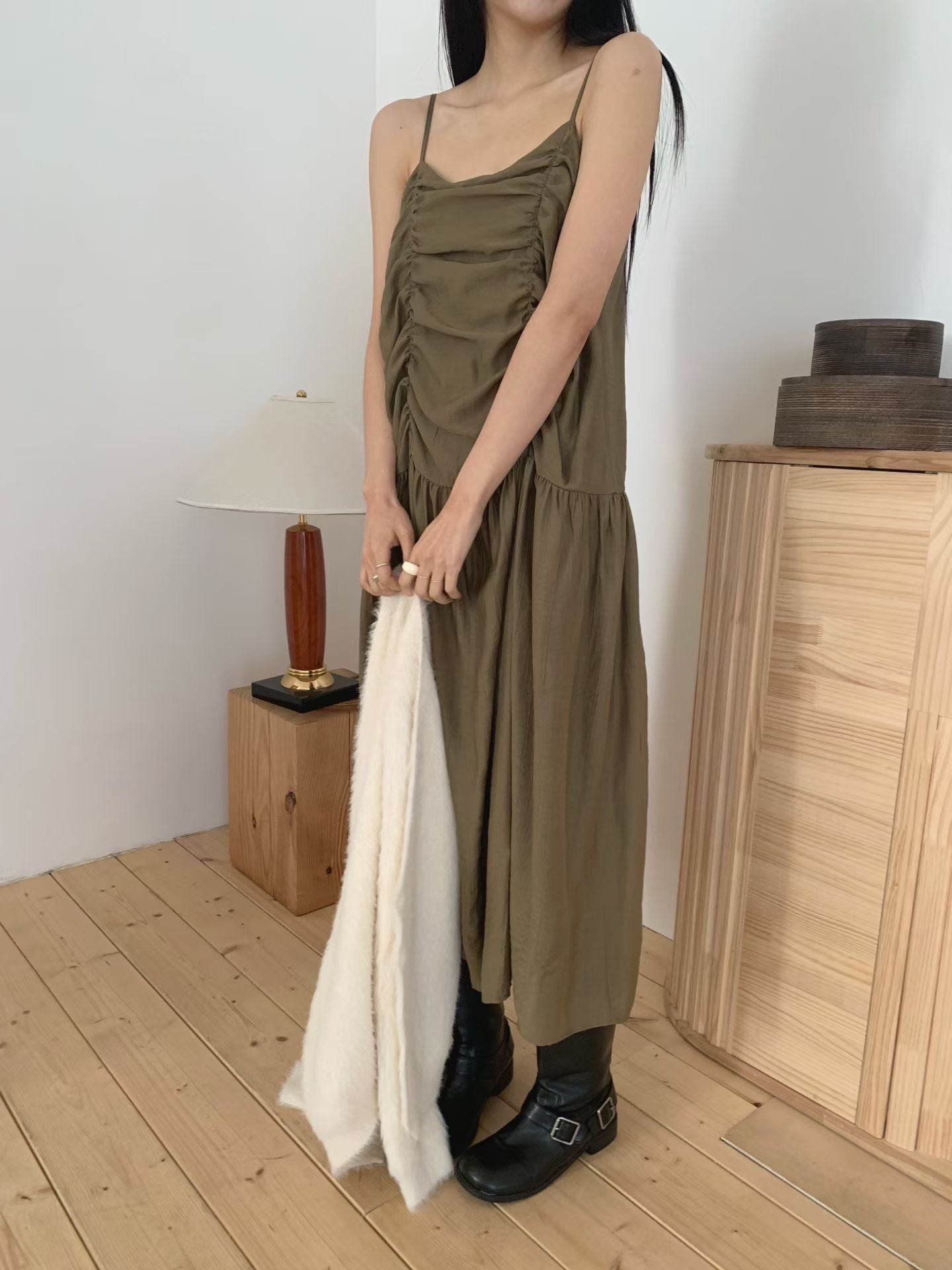 gathered dress(khaki/ivory)